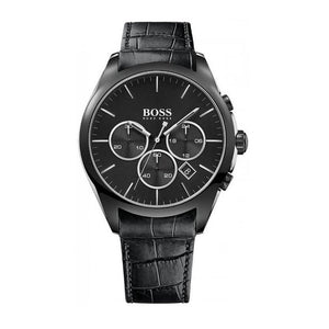 Hugo Boss Onyx 1513367 men's chronograph watch with black leather strap and all-black design