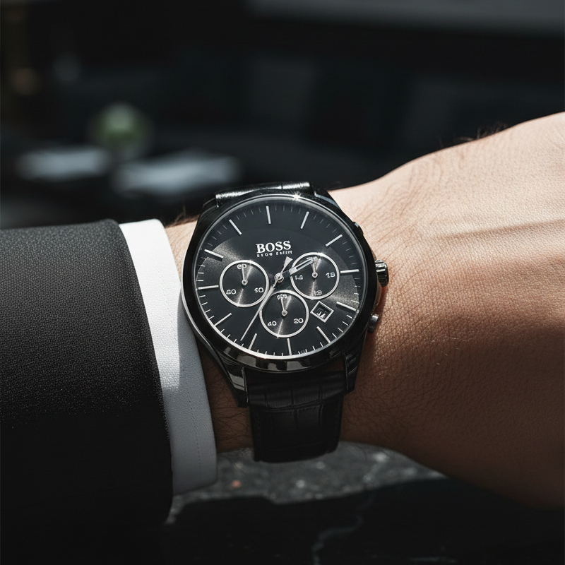 Close up shot of Hugo Boss Onyx 1513367 watch on wrist showing the black dial and tonal markers