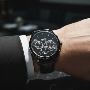 Close up shot of Hugo Boss Onyx 1513367 watch on wrist showing the black dial and tonal markers