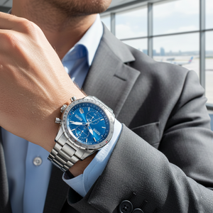 Male model wearing Hugo Boss Pilot Edition 1513850 silver watch with a smart casual blue outfit