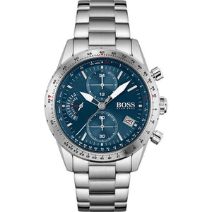 Hugo Boss Pilot Edition 1513850 men's chronograph watch with silver stainless steel bracelet and blue dial