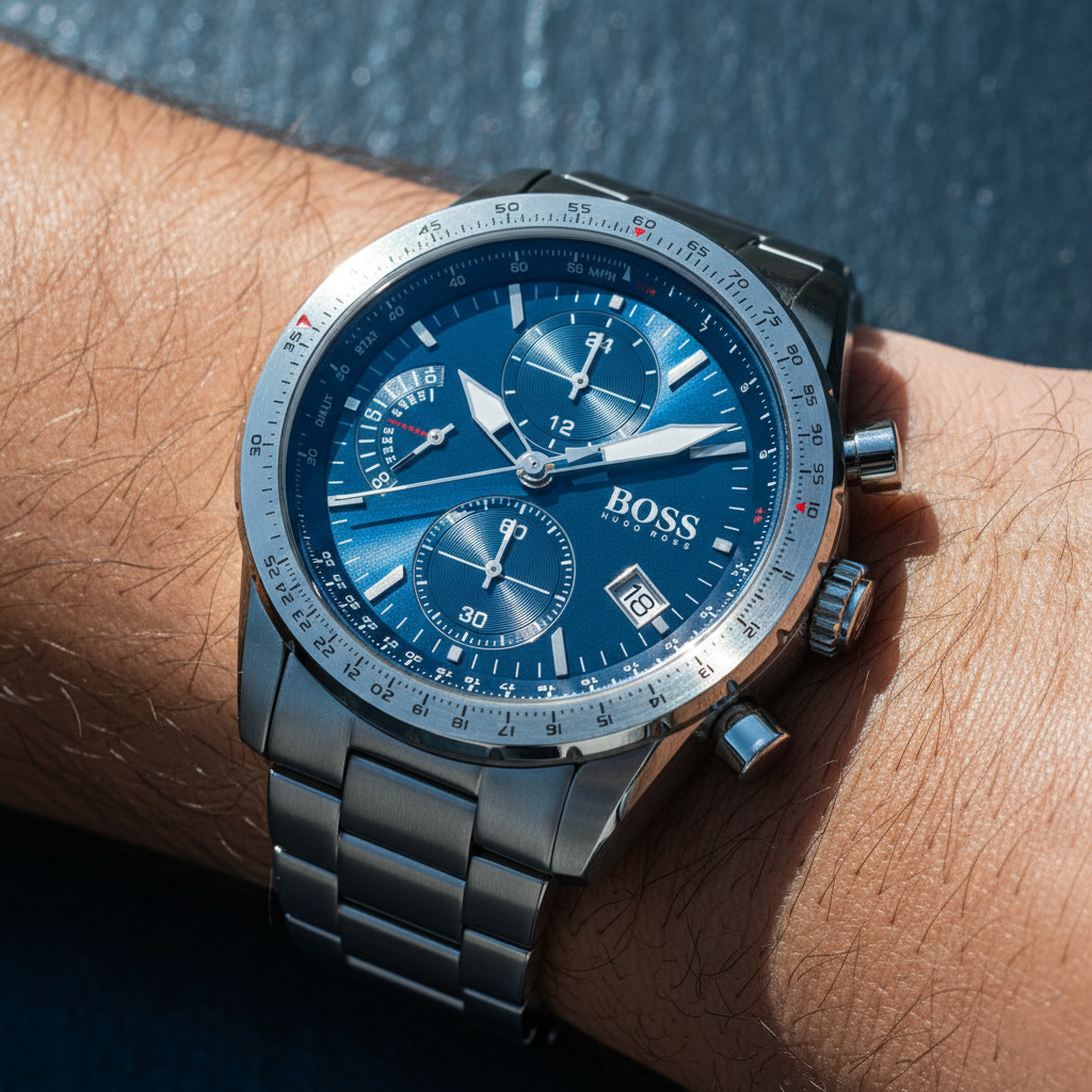 Close up shot of Hugo Boss Pilot Edition 1513850 watch on wrist showing the blue dial and slide rule bezel