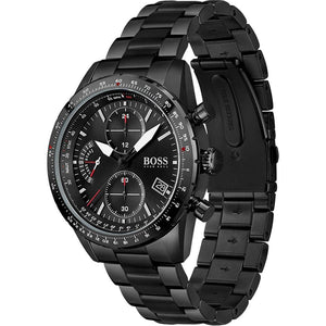 Angled view of the Hugo Boss 1513854 highlighting the black pushers and complex dial