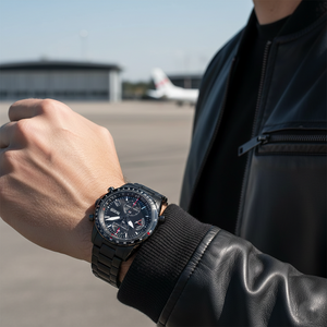 Male model wearing Hugo Boss Pilot Edition 1513854 black watch with a tactical or casual outfit