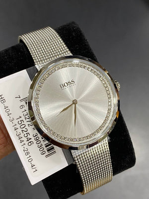 Authentic real life photo of Hugo Boss 1502546 showing true silver shine and crystal details