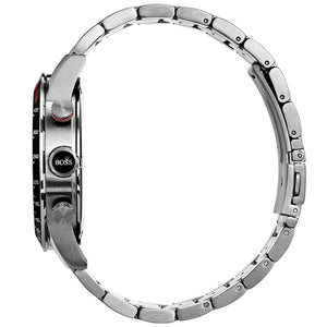 Left side perspective of the Hugo Boss 1513509 black dial and metal link bracelet