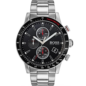 Hugo Boss Rafale 1513509 men's chronograph watch with silver stainless steel bracelet and black dial with red accents