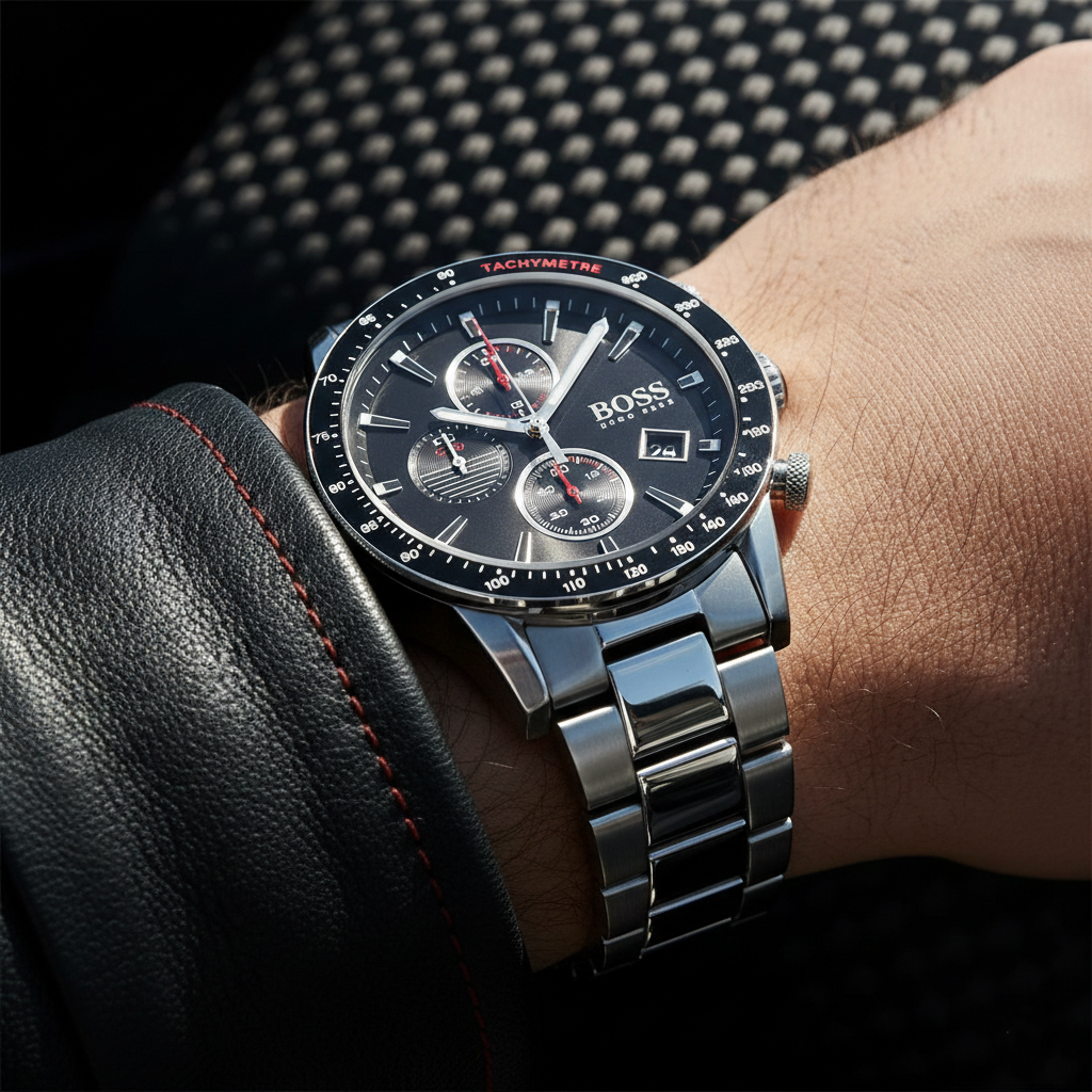 Close up shot of Hugo Boss Rafale 1513509 watch on wrist showing the black dial and tachymeter bezel