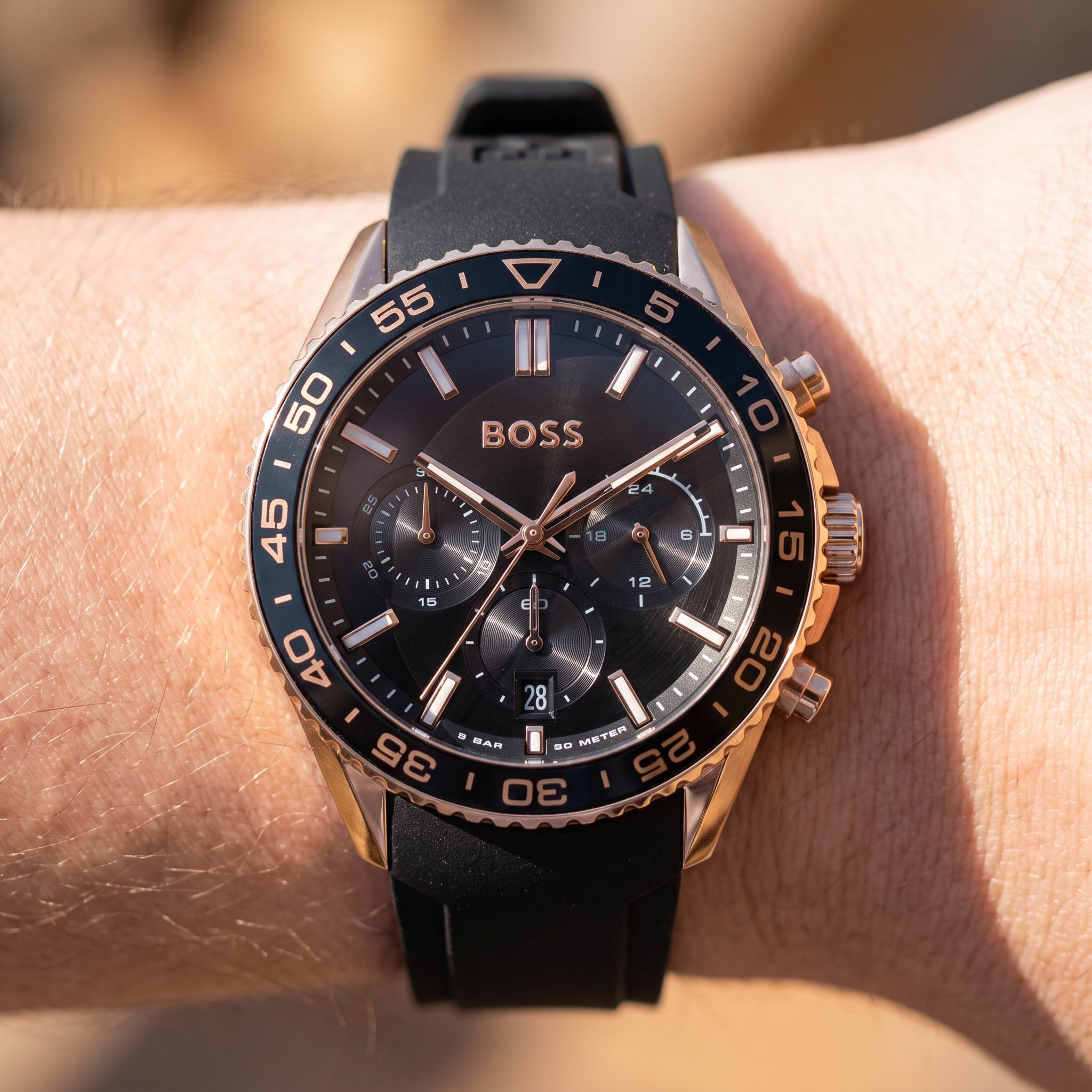 Live wrist shot of Hugo Boss Runner 1514168 chronograph men's watch.