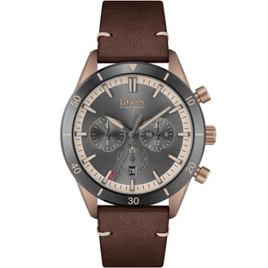 Hugo Boss Santiago 1513861 men's watch with rose gold stainless steel case and brown leather strap