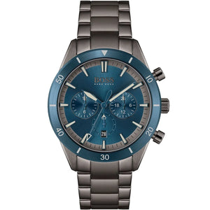 Hugo Boss Santiago 1513863 men's chronograph watch with grey ion-plated stainless steel strap and blue dial