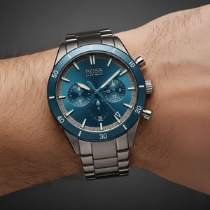 Close up shot of Hugo Boss 1513863 watch on wrist showing the gunmetal grey finish and blue dial
