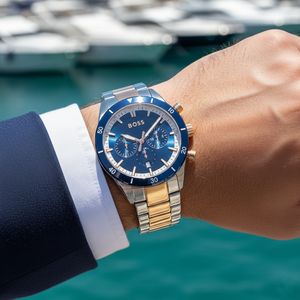 Male model wearing Hugo Boss Santiago 1513937 two-tone watch with a smart casual outfit