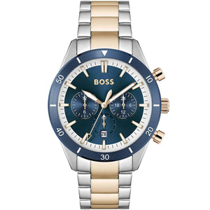 Hugo Boss Santiago 1513937 men's chronograph watch with two-tone rose gold strap and blue dial