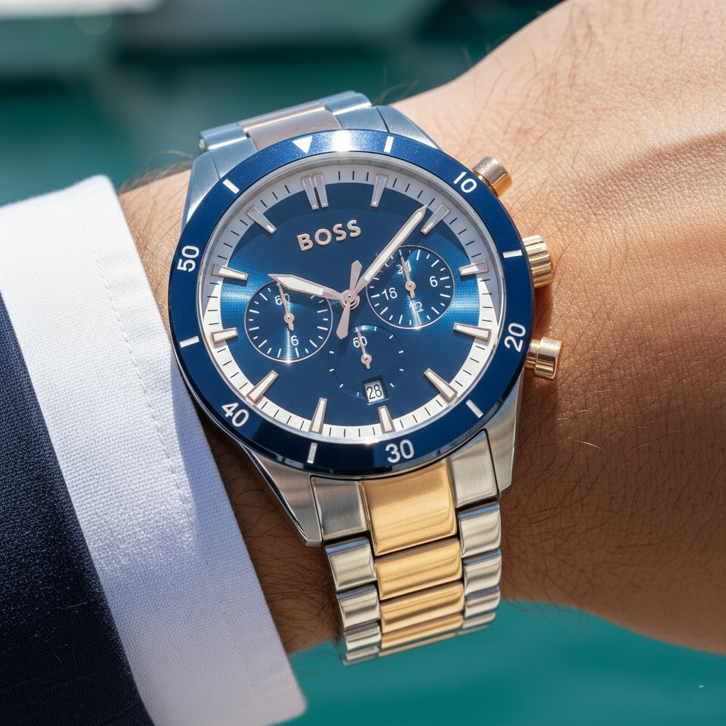 Close up shot of Hugo Boss Santiago 1513937 watch on wrist showing the blue dial and rose gold hands