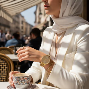 Woman wearing elegant Hugo Boss Signature 1502541 watch in gold tone