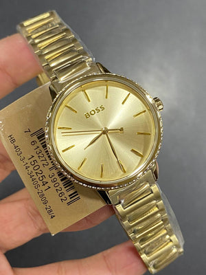 Authentic real life photo of Hugo Boss 1502541 showing true gold shine and crystal details
