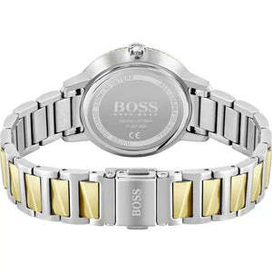 Angled shot highlighting the polished two-tone link bracelet of Hugo Boss 1502568