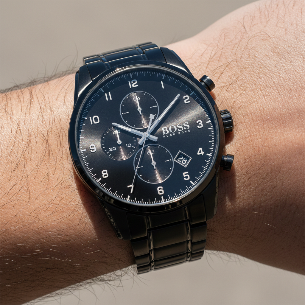 Close up shot of Hugo Boss Skymaster 1513785 watch on wrist showing the black dial and aviation details