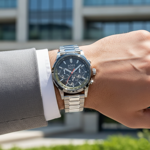 Male model wearing Hugo Boss Solgrade 1514034 grey watch with a rugged outdoor outfit