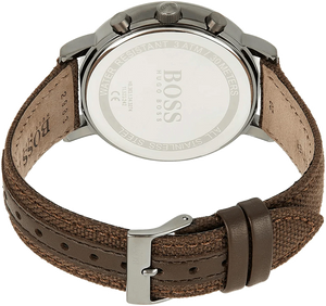 Caseback of Hugo Boss Spirit 1513690 showing technical specs silver dial and textile strap 30m water resistance