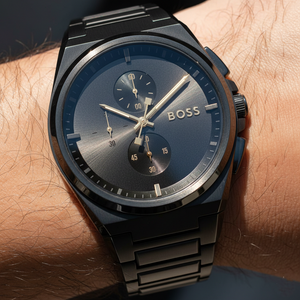 Close up shot of Hugo Boss Steer 1514068 watch on wrist showing the clean grey dial details