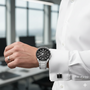 Male model wearing Hugo Boss Strike 1514290 watch with a formal business suit