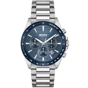 Hugo Boss Strike 1514240 men's chronograph watch with silver stainless steel strap and textured blue dial