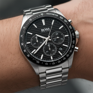 Close up shot of Hugo Boss 1514290 watch on wrist showing the 41mm case fit