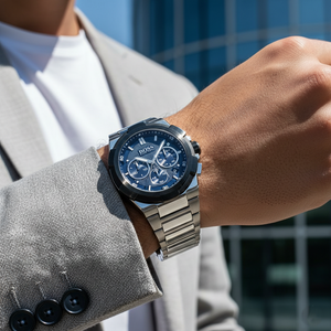 Male model wearing Hugo Boss Supernova 1513360 watch with a casual outfit
