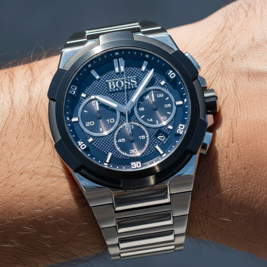Close up shot of Hugo Boss Supernova 1513360 watch on wrist showing the textured blue sub-dials