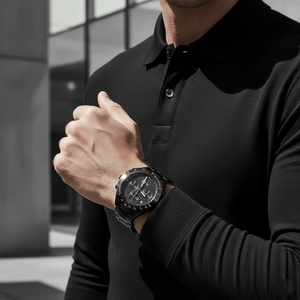 Male model wearing Hugo Boss Talent 1513581 ceramic watch with a modern business casual outfit