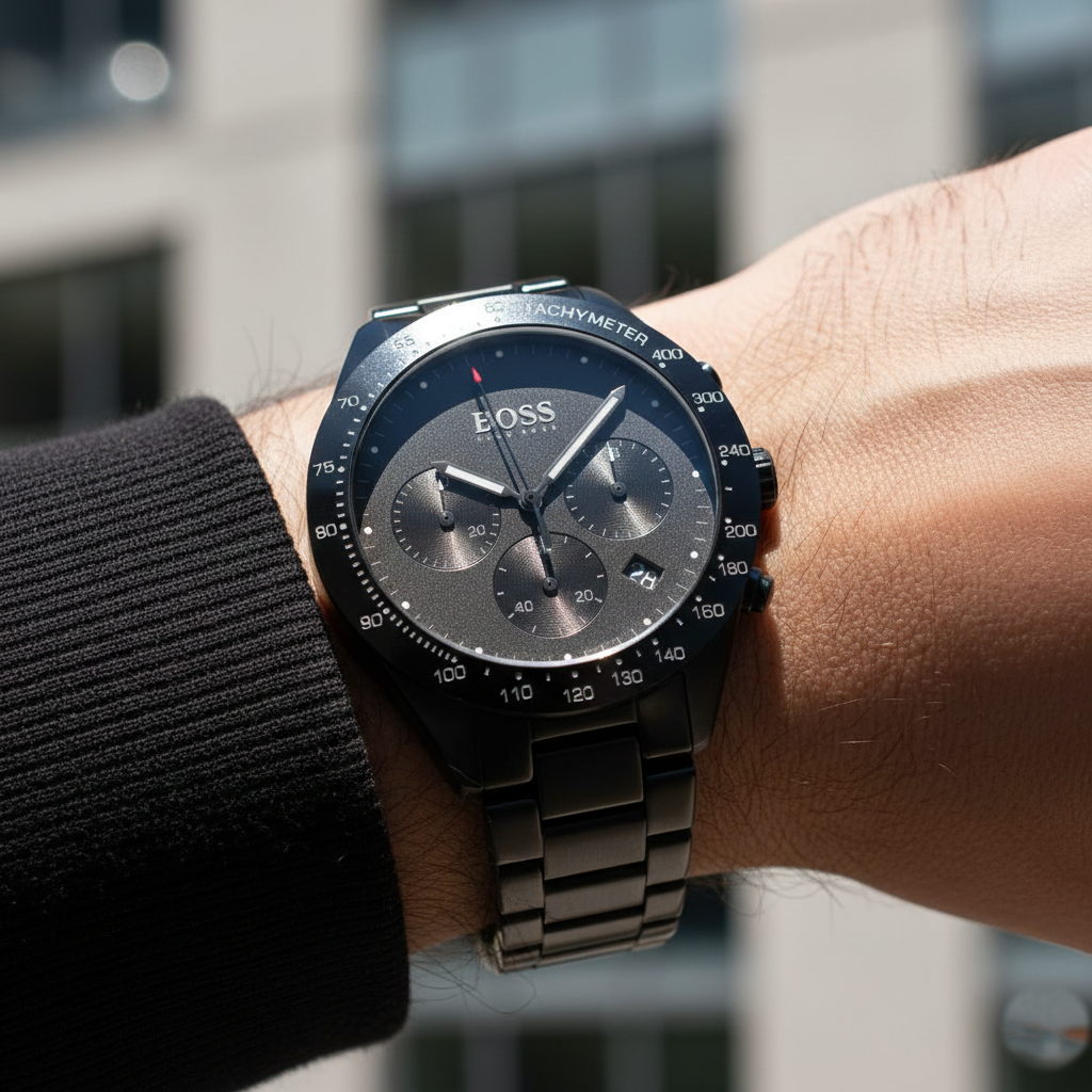 Close up shot of Hugo Boss Talent 1513581 watch on wrist showing the ceramic links and black dial