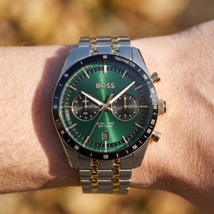 Live wrist shot of Hugo Boss Tourmaster 1514287 dual time men's watch.