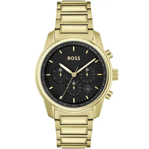 Hugo Boss Trace 1514006 men's chronograph watch with gold-tone stainless steel strap and black dial
