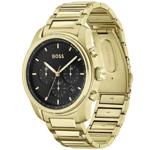 Side profile view of the 11.5mm thick gold stainless steel case of the Hugo Boss Trace