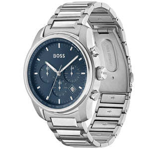 Angled view of the Hugo Boss 1514007 highlighting the polished silver case and pushers