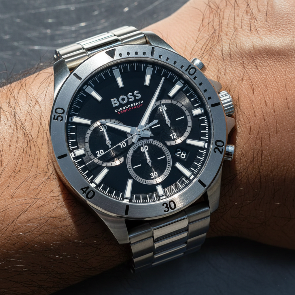 Close up shot of Hugo Boss Troper 1514057 watch on wrist showing the black dial and silver chronograph hands