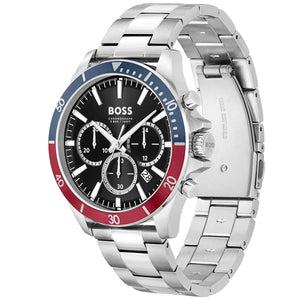 Left side perspective of the Hugo Boss 1514108 black dial and Pepsi bezel
