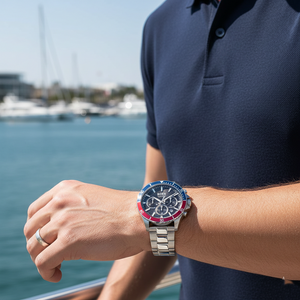 Male model wearing Hugo Boss Troper 1514108 watch with a casual sporty outfit