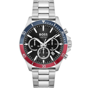 Hugo Boss Troper 1514108 men's chronograph watch with silver stainless steel strap and Pepsi bezel