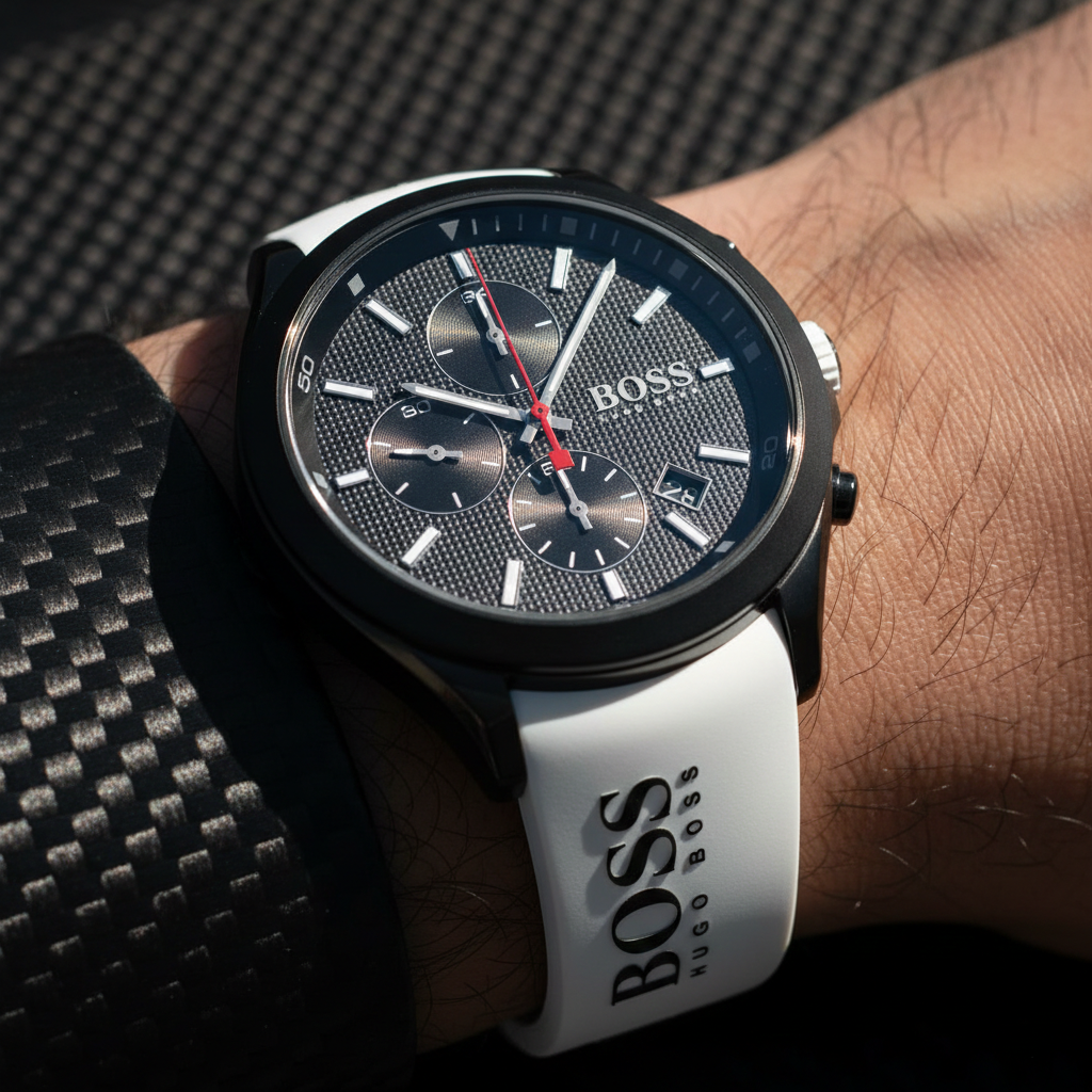Close up shot of Hugo Boss Velocity 1513718 watch on wrist showing the black dial and red hands contrast
