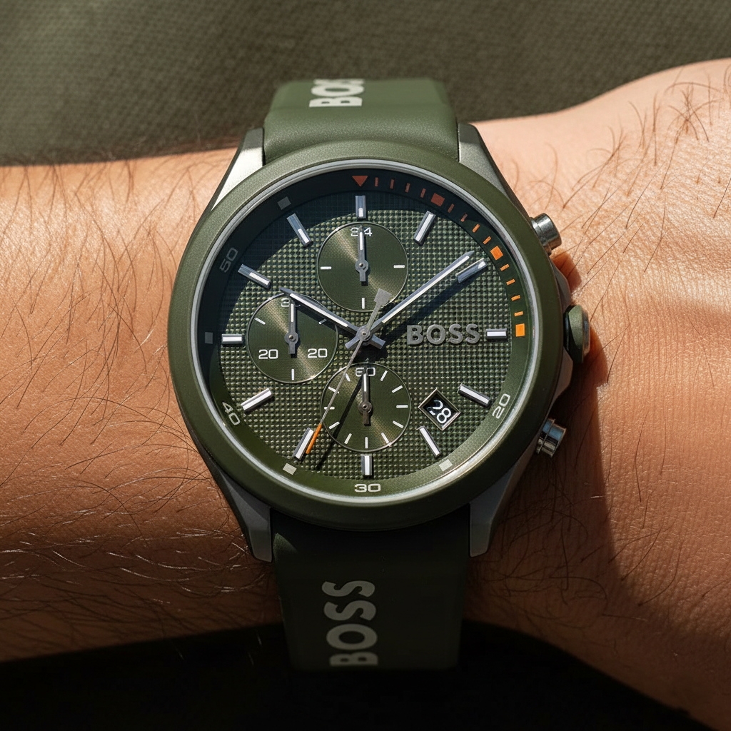 Close up shot of Hugo Boss Velocity 1514060 watch on wrist showing the textured green dial