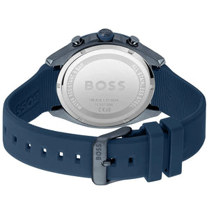 Blue ion-plated buckle clasp with engraved Boss logo on the rubber strap of the 1514061