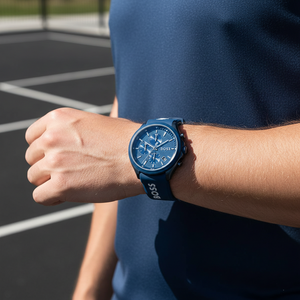 Male model wearing Hugo Boss Velocity 1514061 all-blue watch with a casual outfit