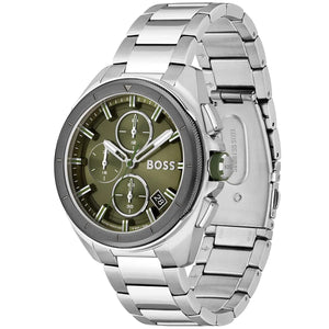 Left side perspective of the Hugo Boss 1513951 green dial and silver bracelet link