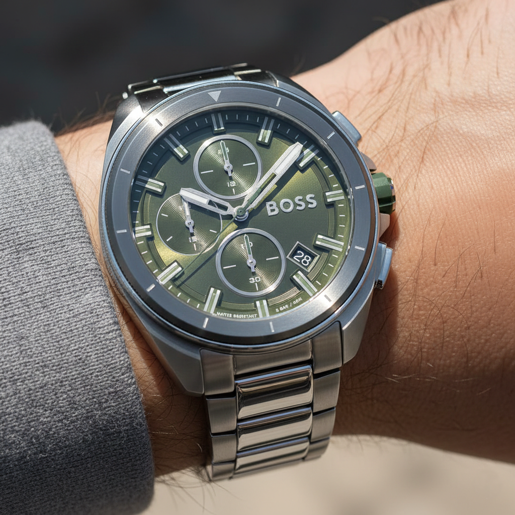 Close up shot of Hugo Boss Volane 1513951 watch on wrist showing the textured olive green dial