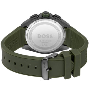 Grey ion-plated buckle clasp with engraved Boss logo on the green rubber strap of the 1513952