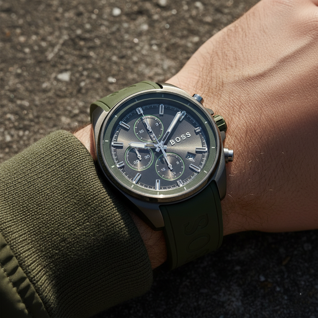 Close up shot of Hugo Boss Volane 1513952 watch on wrist showing the dark grey dial and green strap