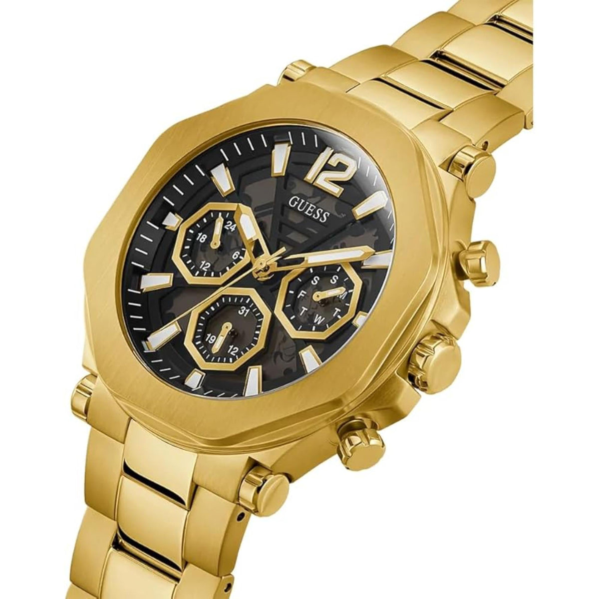 Guess Edge GW0539G2 men's watch - black skeleton dial gold steel strap, angled view
